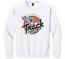 Load image into Gallery viewer, White sweatshirt with track and field design on a white background