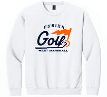 Load image into Gallery viewer, White sweatshirt with 'Fusion Golf West Marshall' logo on a white background